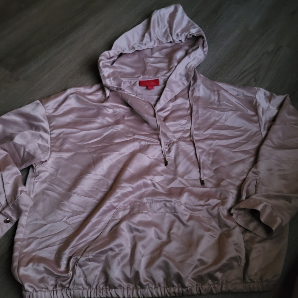 Jennifer Lopez Womens Hoodie XXL Rose Gold Satin Athleisure Glam Pullover